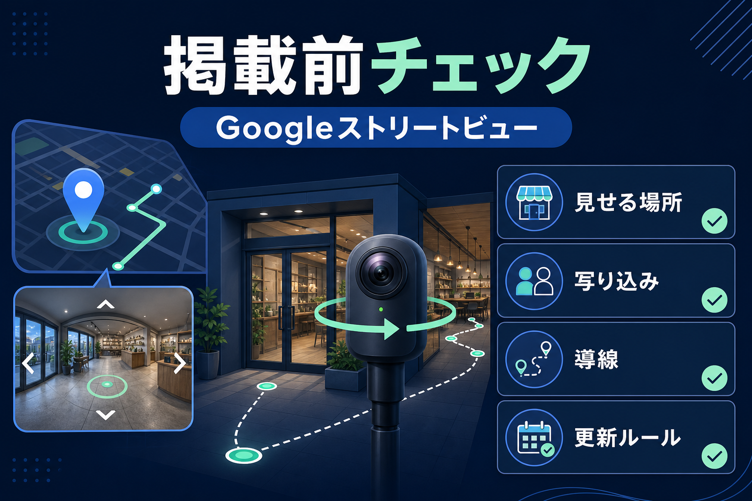 Googleストリートビュー掲載前に見せる場所、写り込み、導線、更新ルールを確認するチェック図解