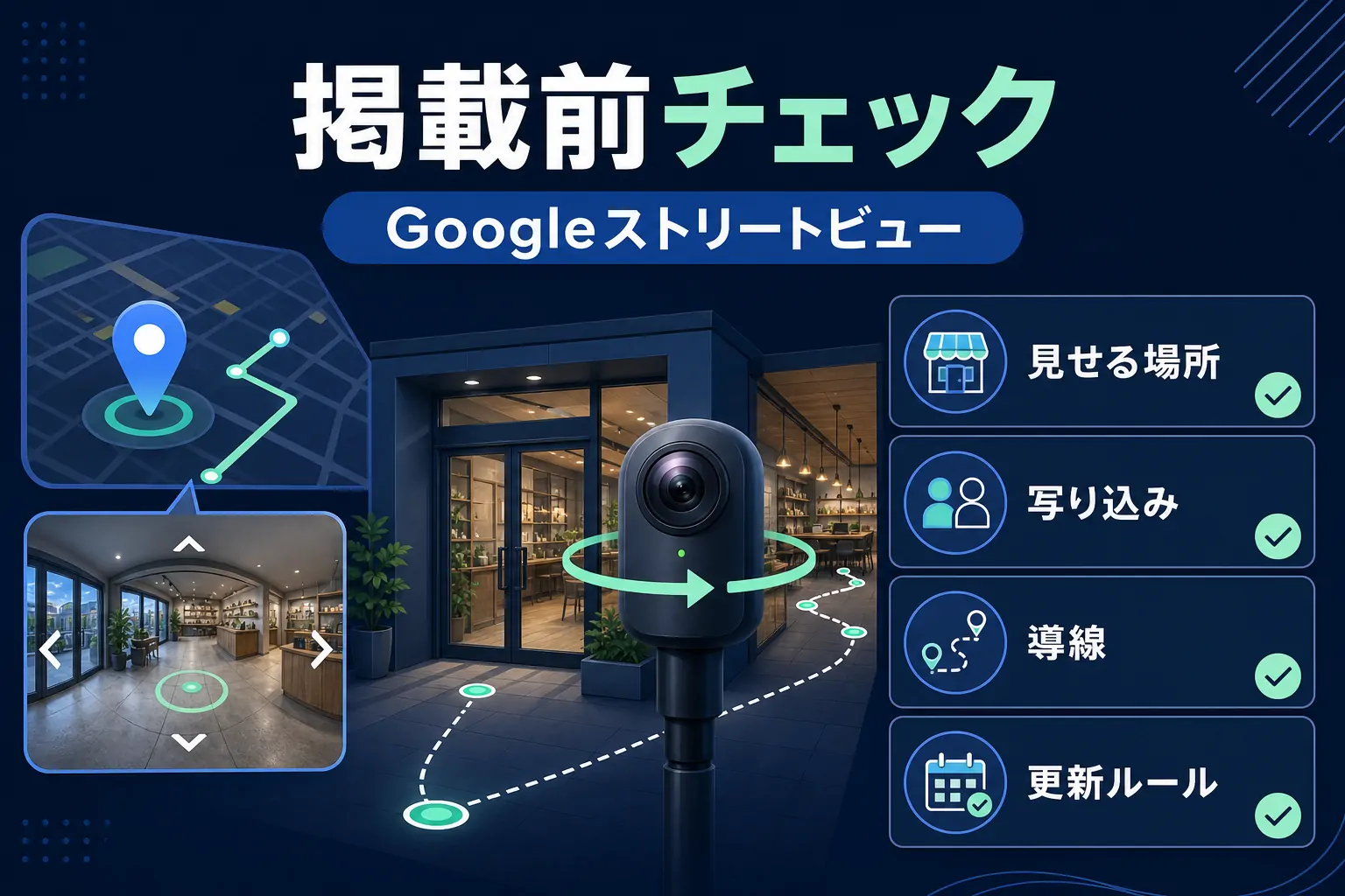 Googleストリートビュー掲載前に見せる場所、写り込み、導線、更新ルールを確認するチェック図解